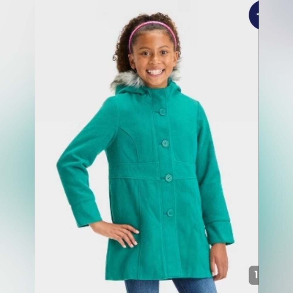 Cat & Jack Girls' Solid Faux Fur Jacket Dark GreenSize S